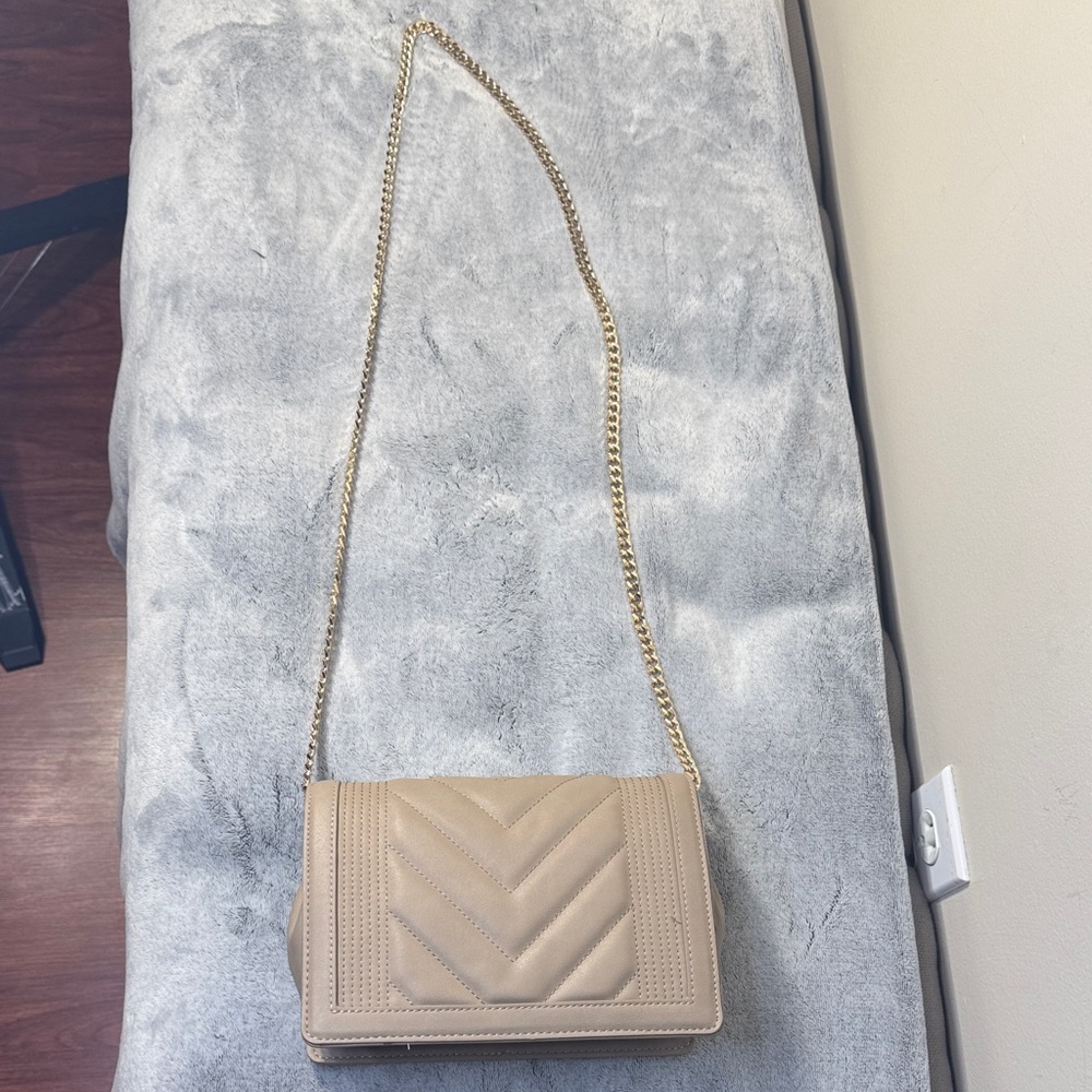 Express Tan Chevron Quilted Clutch - Gold Chain